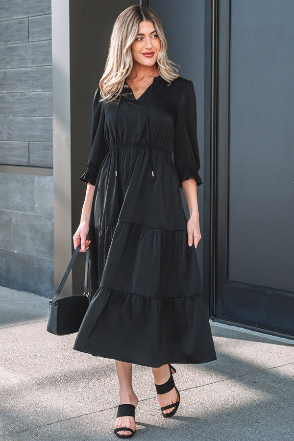 Black Flounced Bracelet Sleeve V Neck Tiered Maxi Dress