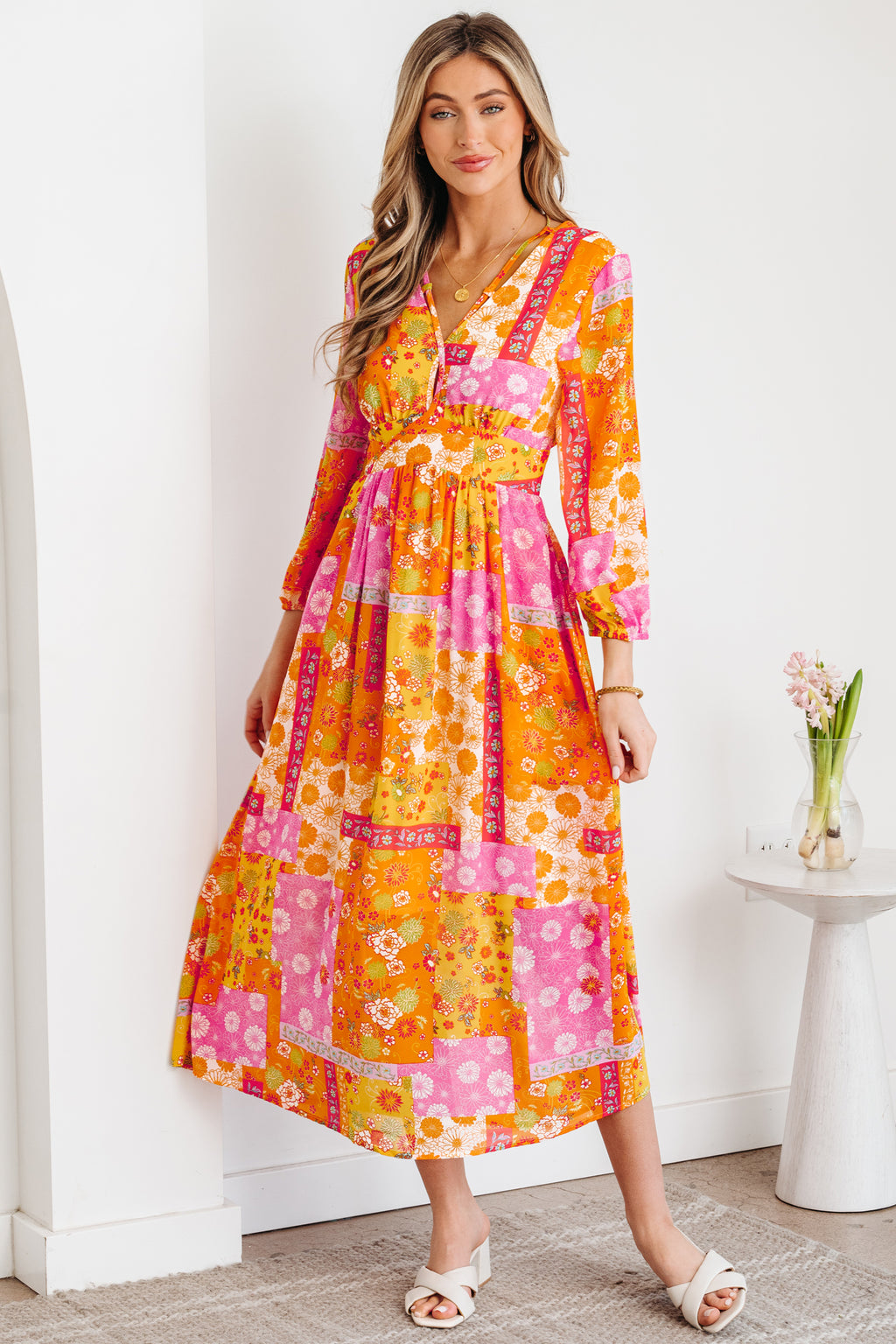 Orange Floral Patchwork Print Cut out Tied Back Bracelet Sleeve Maxi Dress