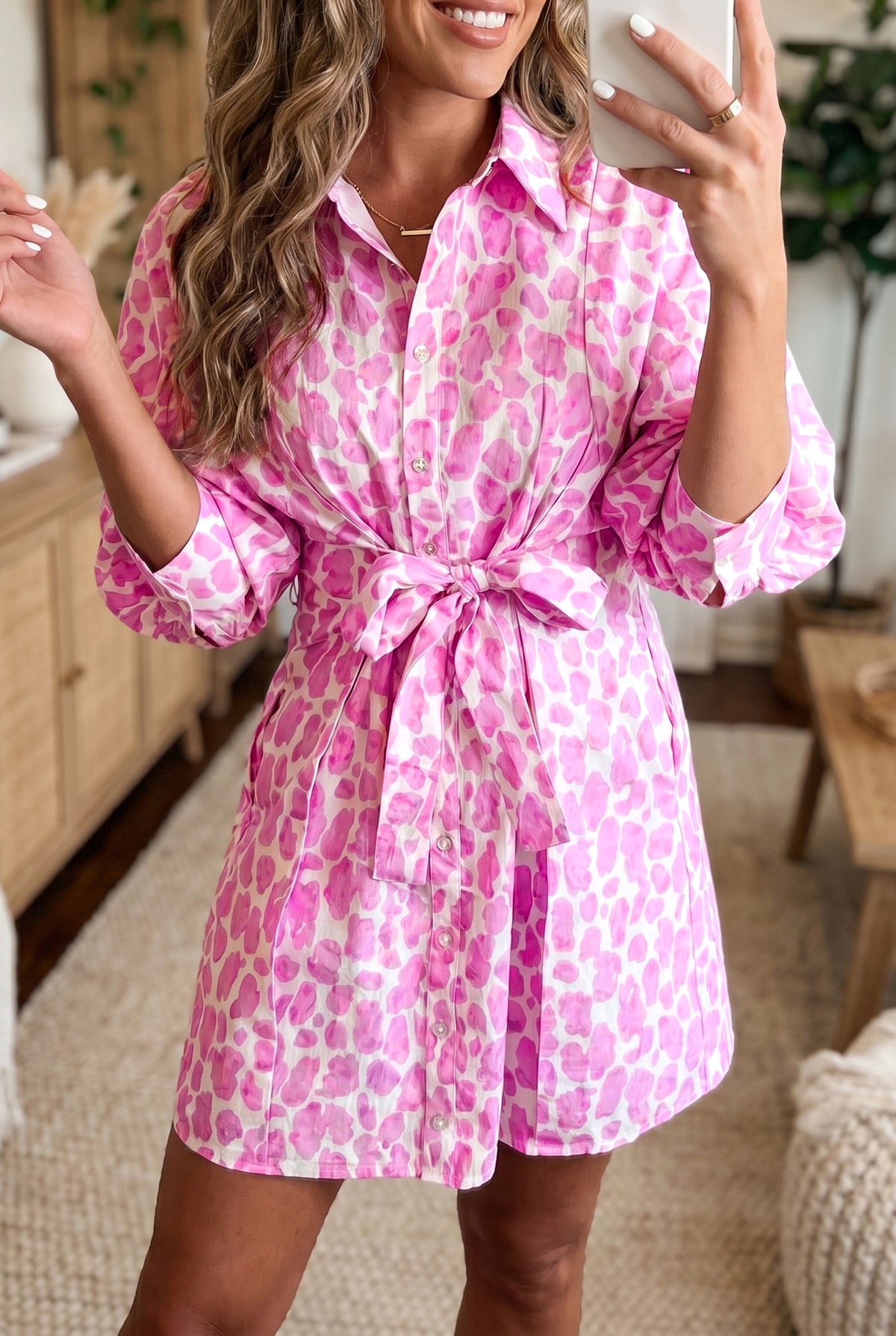 Pink Abstract Leopard Print Tie Waist Puff Sleeve Mini Shirt Dress Main image