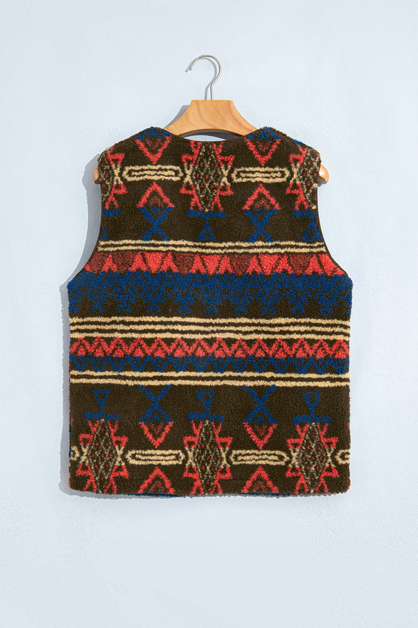 Multicolour Western Print Faux Fur Metal Zipper Insert Pockets Sleeveless Vest