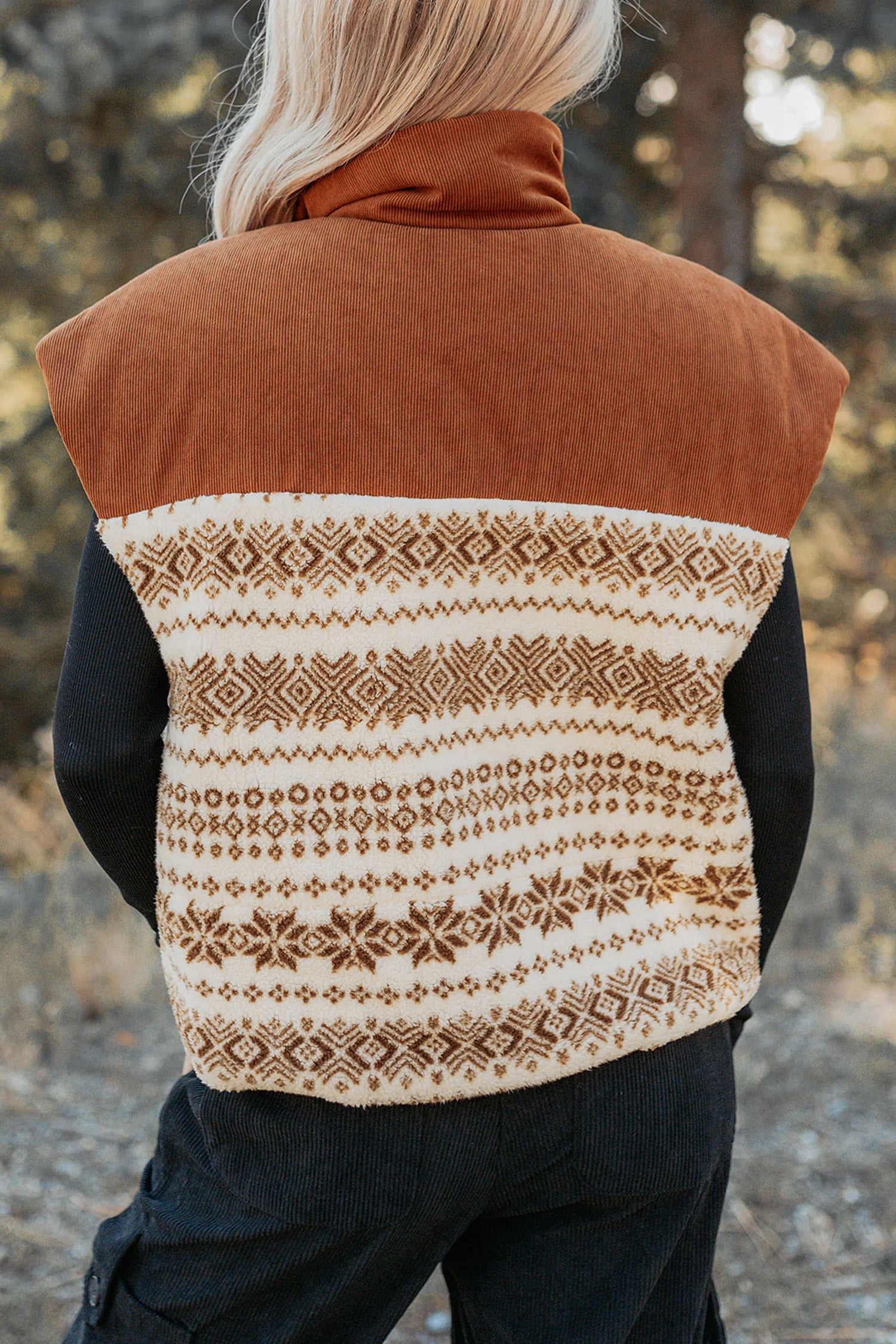 Brown Geometric Print Fleece Metal Zipper Collar Patchwork Design Vest Secondary image