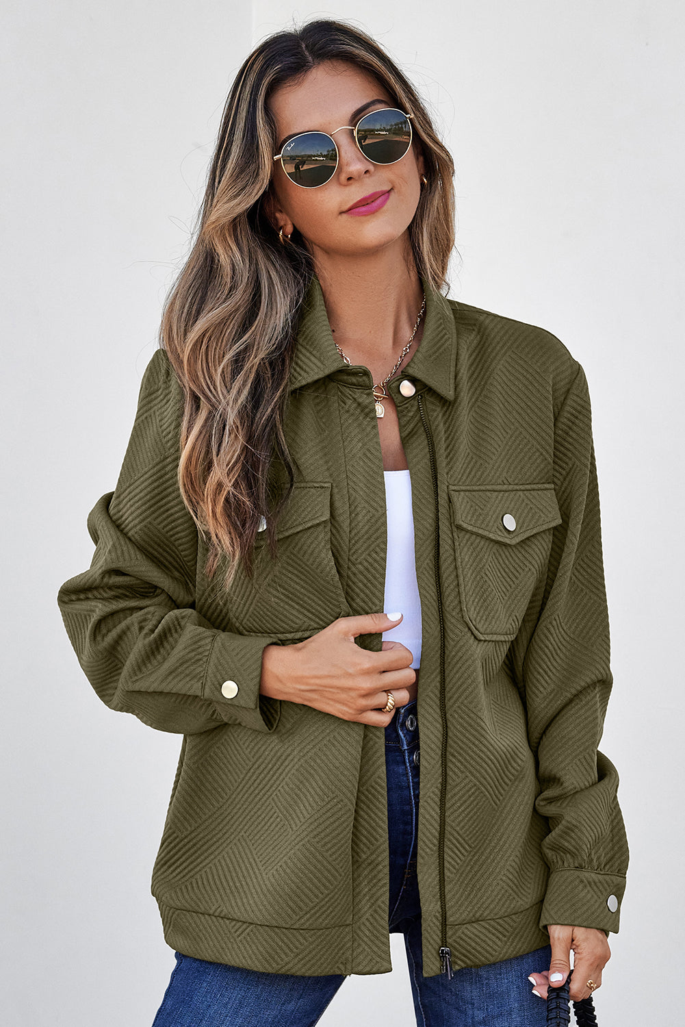 Blackish Green Solid Color Zip Up Button Flap Pocket Shirt Collar Jackets