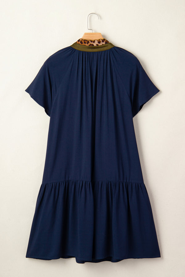 Navy Blue Button Detail Leopard Metallic Trim Short Sleeve Tunic Dress