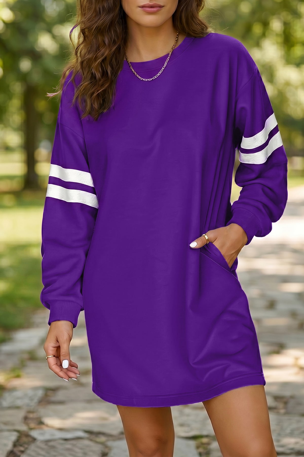 Tillandsia Purple Varsity Contrast Banded Sleeve Shift Sweatshirt Dress Main image