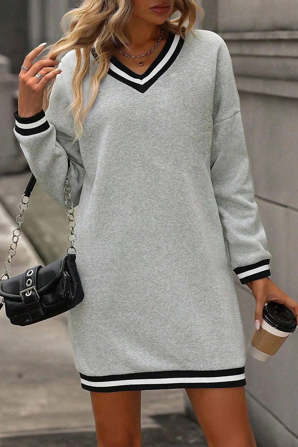 Light Grey Striped Trim V Neck Long Sleeve Preppy T Shirt Dress Main image