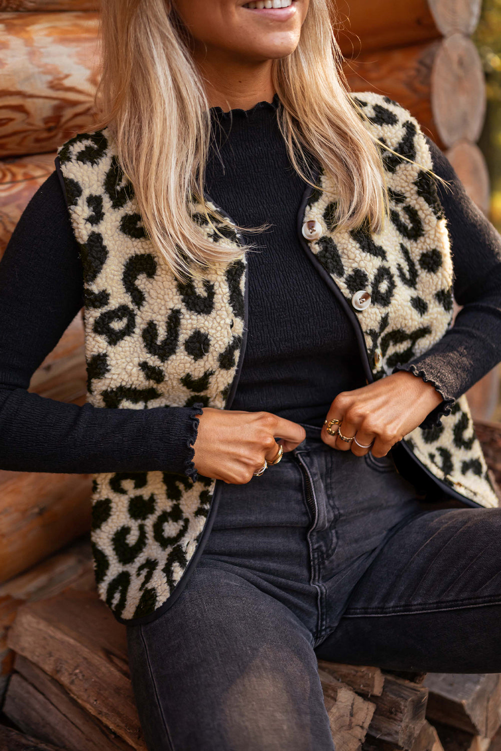 Black Leopard Print Sherpa Vest Coat Main image