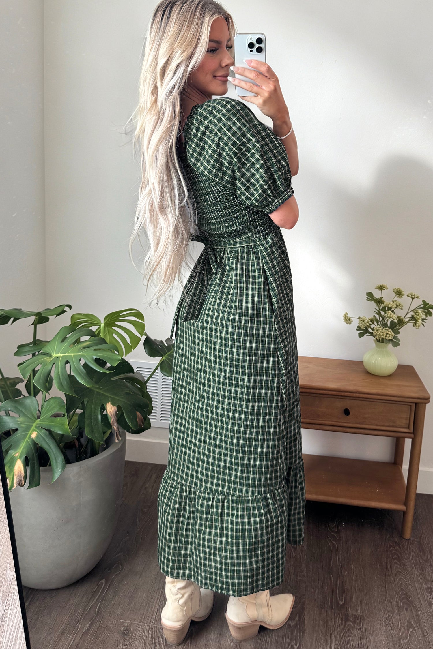 Green Plaid Square Neck Shirred High Waist Ruffle Hem Dress Secondary image