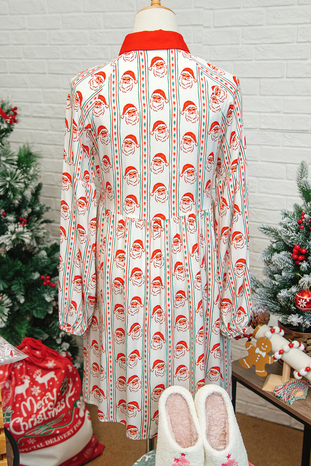 White Father Christmas Contrast Collar Button Front Long Sleeve A-line Mini Dress