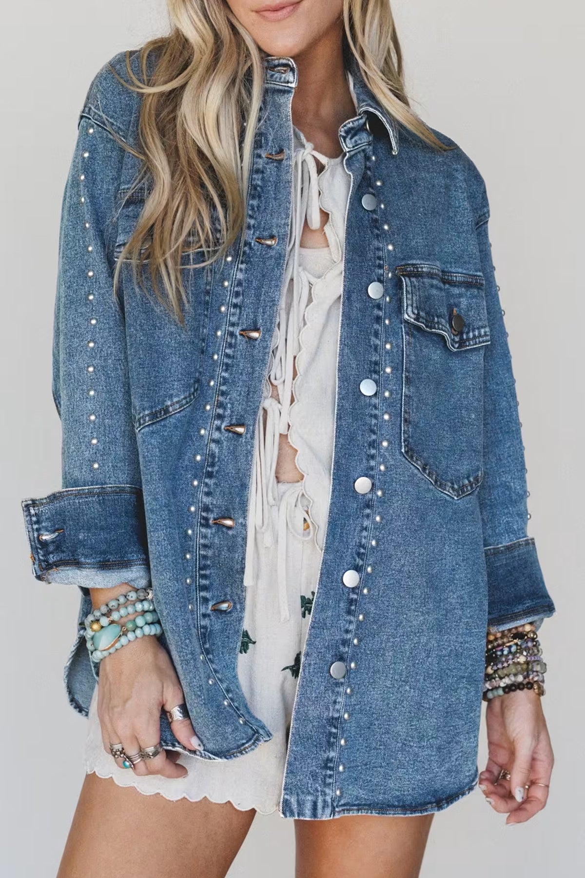 Sail Blue Rivet Embellished Western Style Regular Fit Long Sleeve Denim Jacket Main image