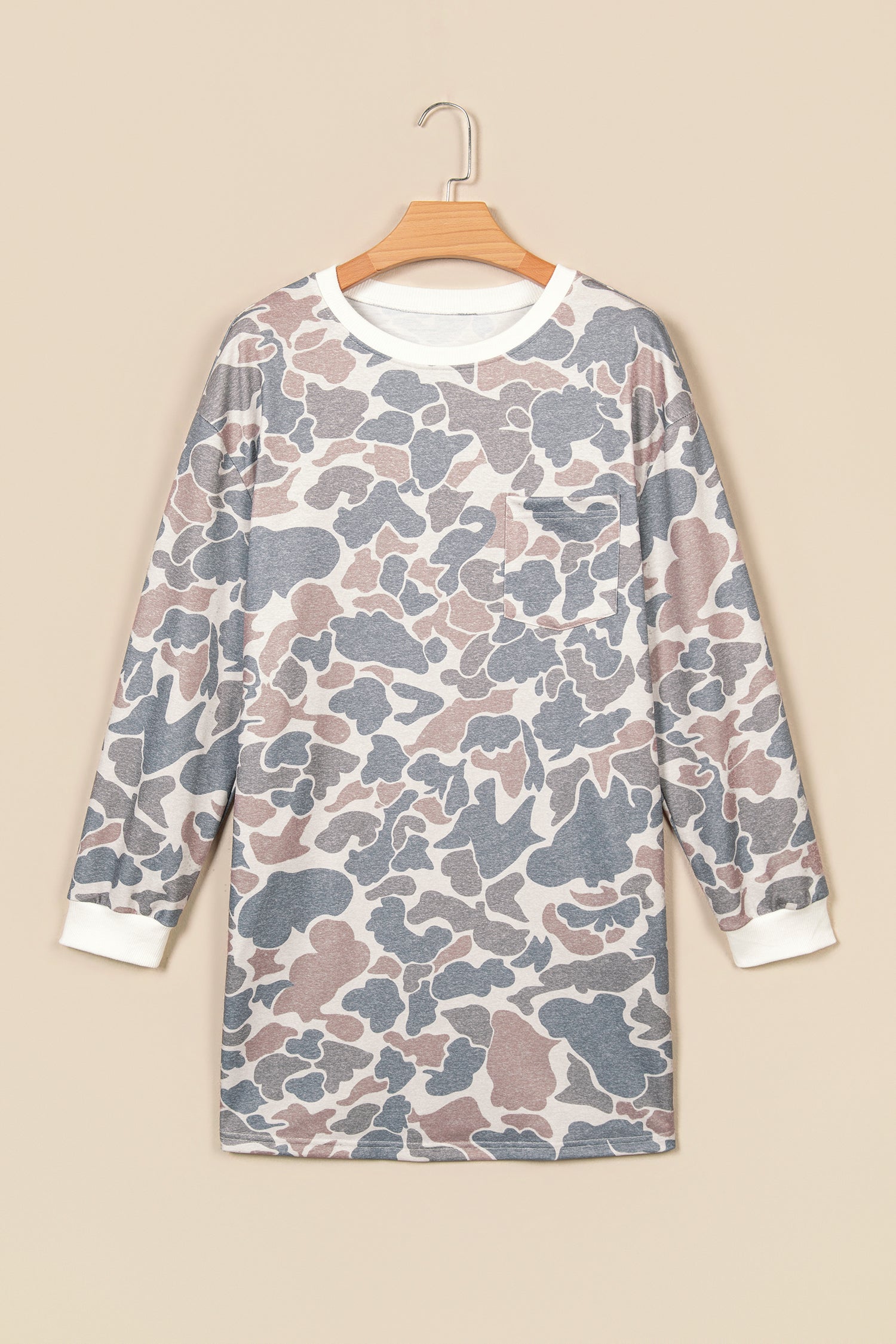Beige Botanical Camo Print Long Sleeve Pocket Mini Dress Secondary image