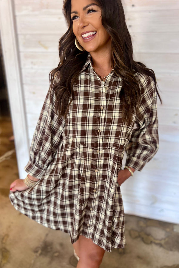 Brown 100% Cotton Plaid Long Sleeve Short Shift Mini Dress