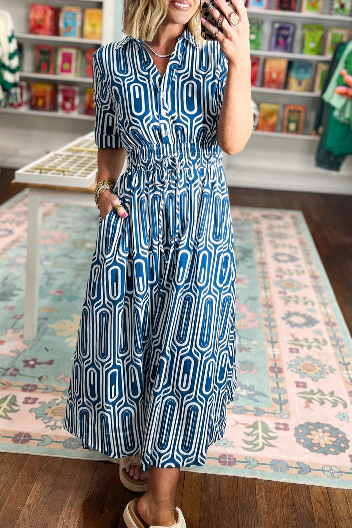 Blue Geometric Print Short Sleeve Drawstring Shirt Collar Dress Secondary image