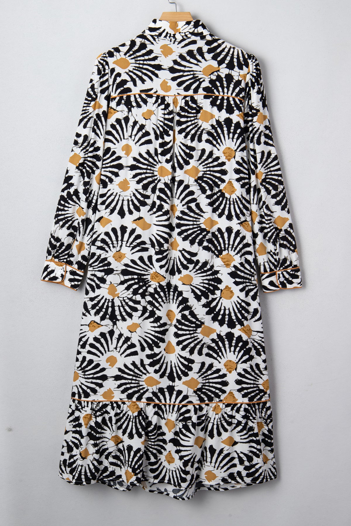 Black Abstract Floral Print Split V Neck Long Dress with Sleeves