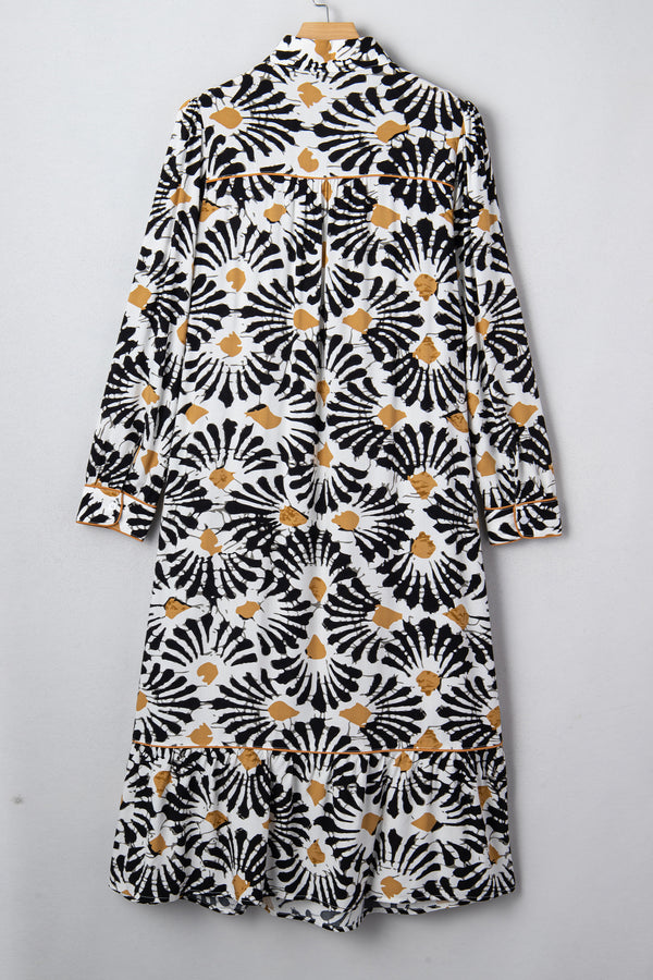 Black Abstract Floral Print Split V Neck Long Dress with Sleeves