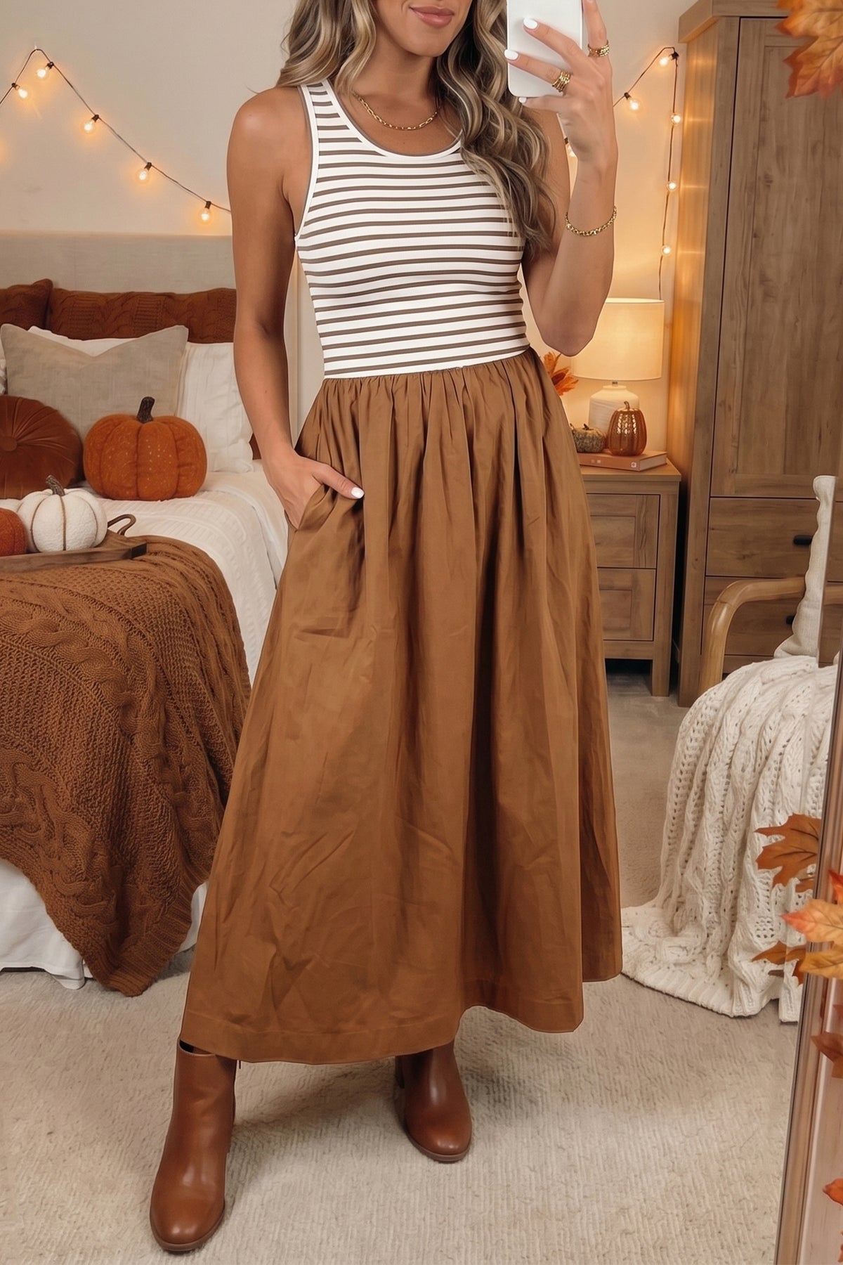 Chestnut Striped Colorblock Patchwork Sleeveless Casual Long Dress Main image