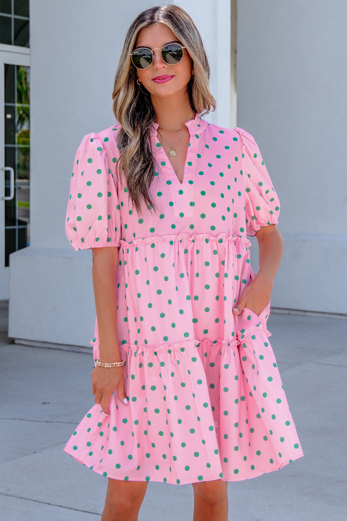Pink Polka Dot Print V Neck Short Sleeve Tiered Mini Dress Main image