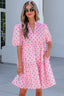 Pink Polka Dot Print V Neck Short Sleeve Tiered Mini Dress
