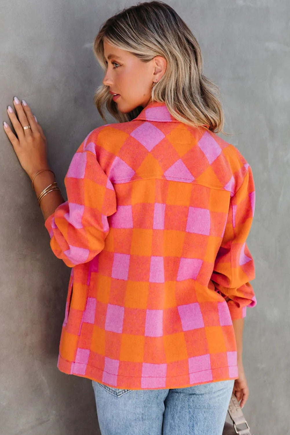 Orange Plaid Chest Pockets Button-up Turn Down Collar Jacket Secondary image