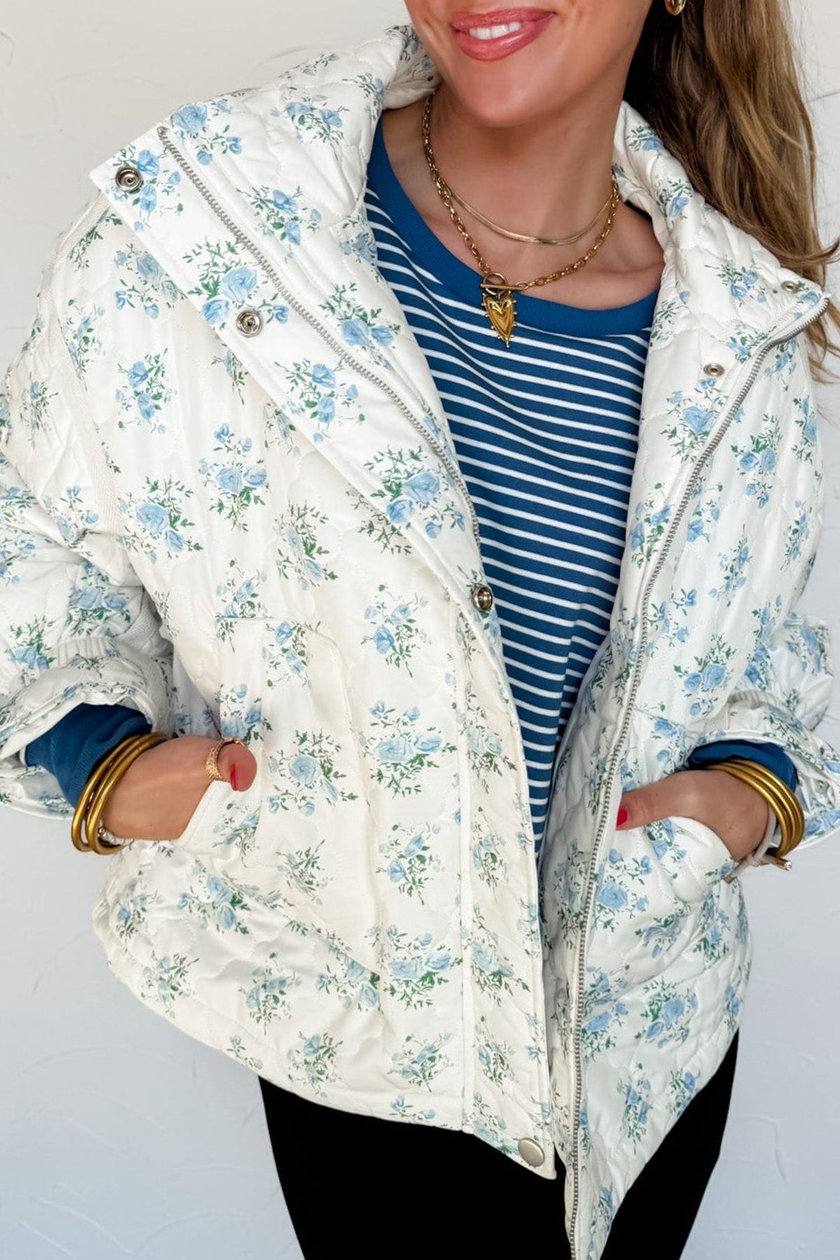 Sky Blue Floral Quilted Flounced Sleeve Casual Puffer Coat Main image