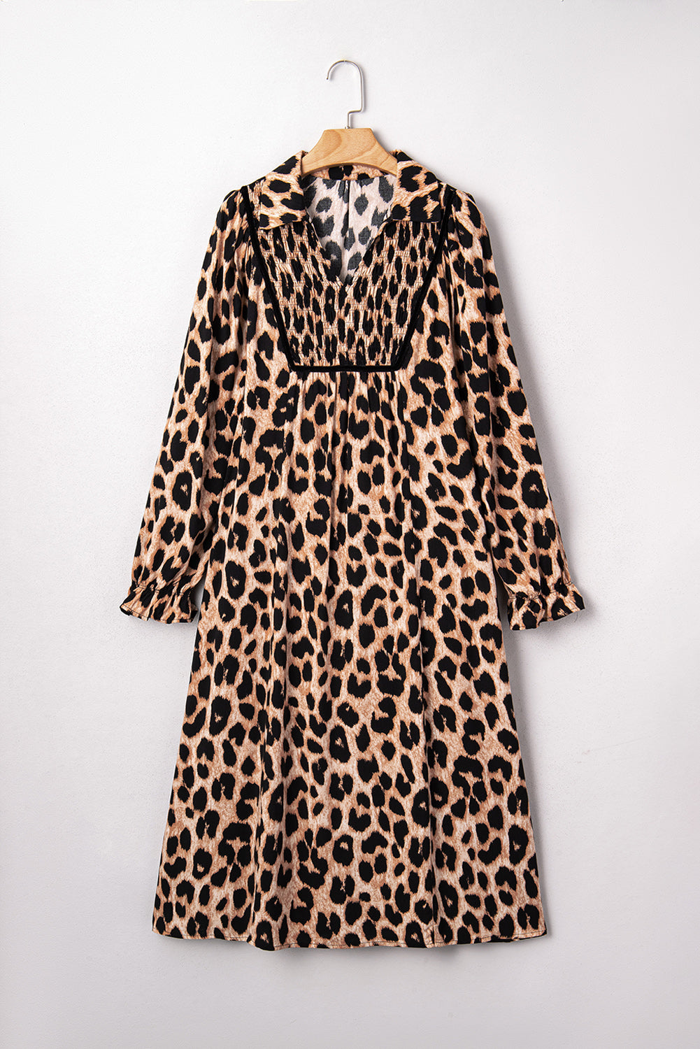 Brown Leopard Print Smocked Detail Flowy Midi Dress
