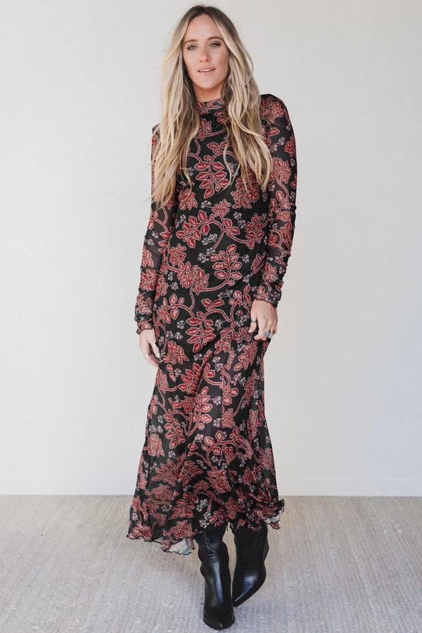 Black Retro Floral Print Long Sleeve Casual Mesh Dress