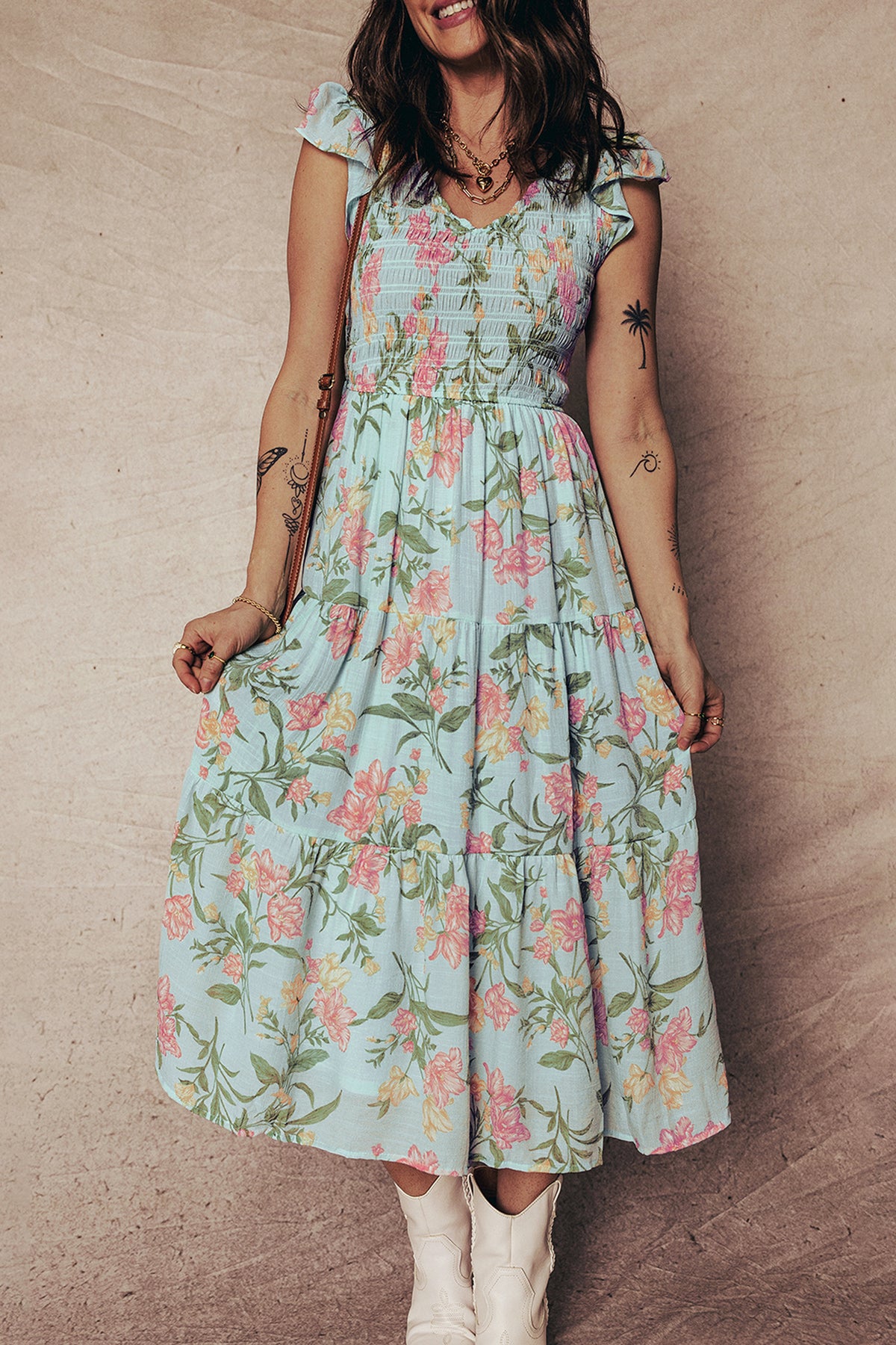Yellow Smocked Bodice Ruffled Sleeveless Tiered Floral Maxi Dress Main image