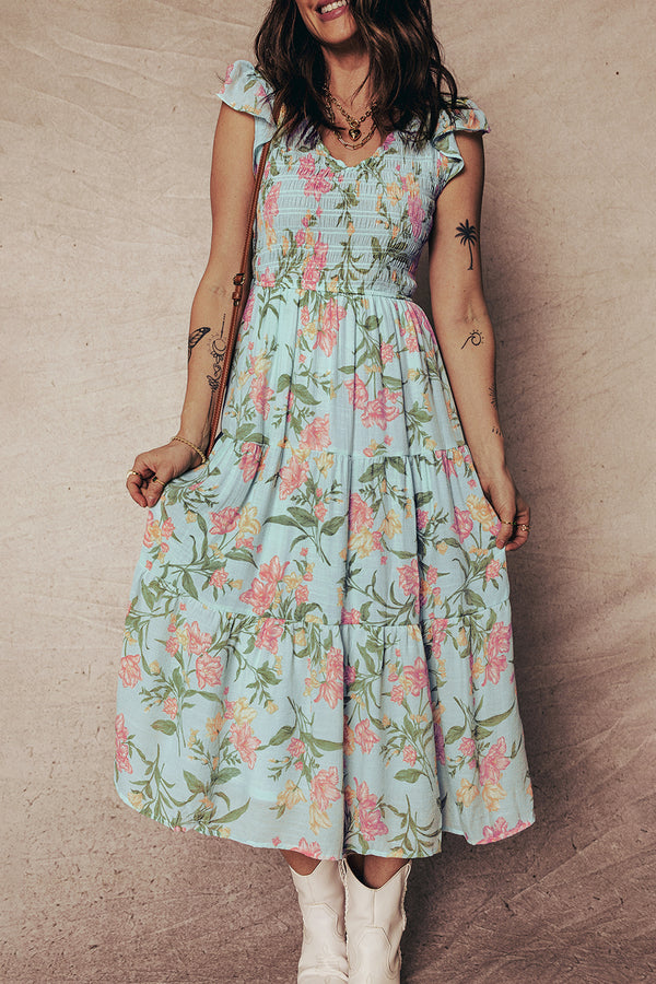 Yellow Smocked Bodice Ruffled Sleeveless Tiered Floral Maxi Dress