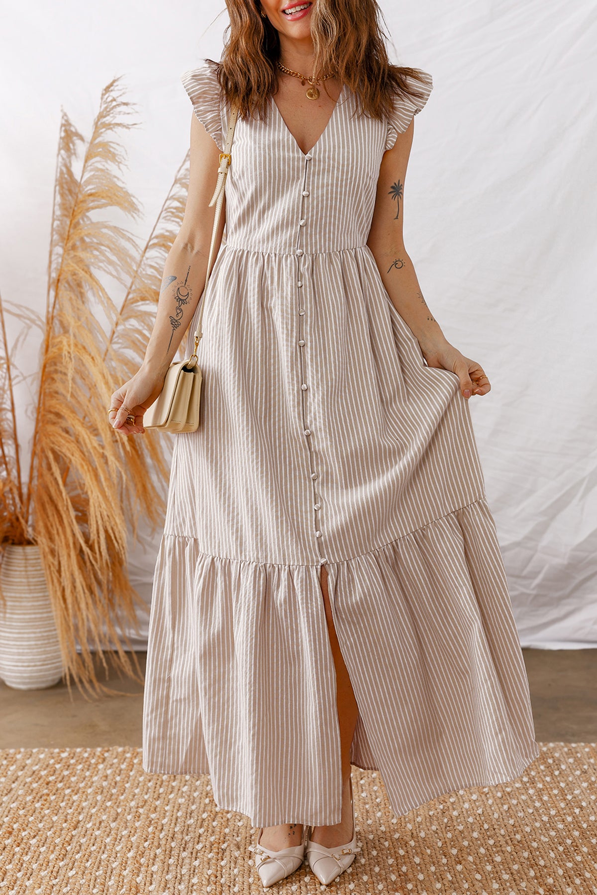 Khaki Stripe Flutter Sleeve Buttoned Front Slit Maxi Dress Main image