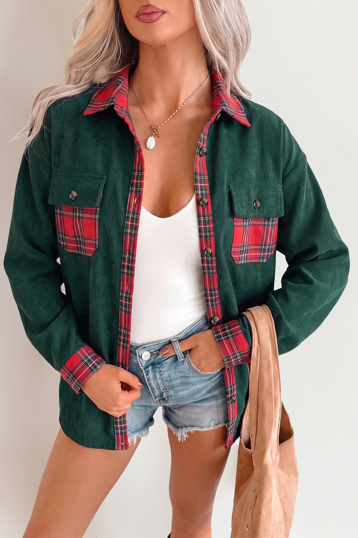 Blackish Green Plaid Pocket Button Long Sleeve Shift Shacket Main image