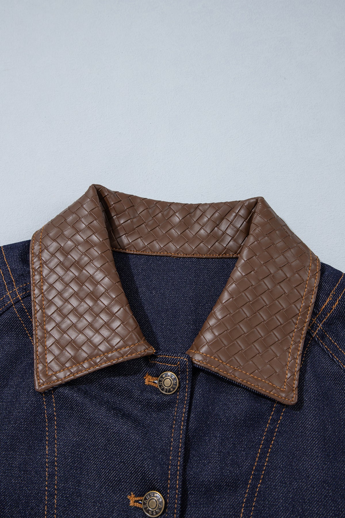 Navy Blue Contrast Collar Stitched Detail Button Denim Jacket