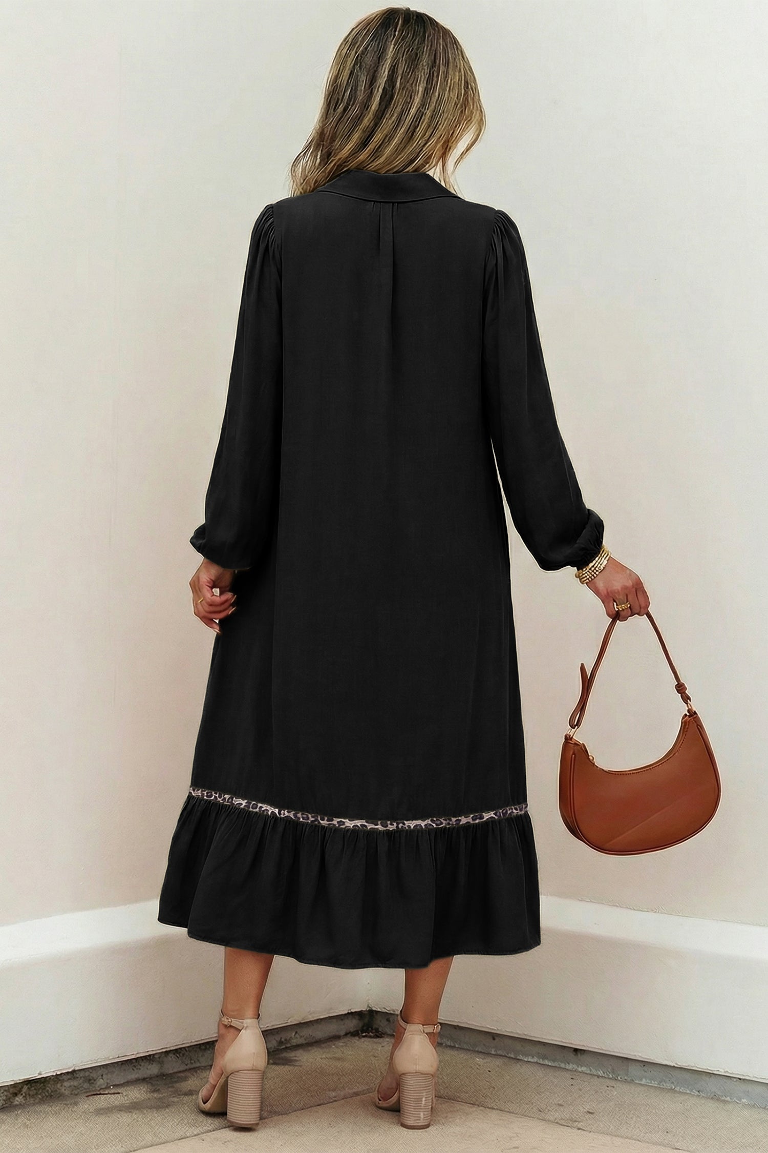 Black Collared V Neck Smocked Detail Contrast Leopard Trim Bracelet Sleeve Long Dress Secondary image