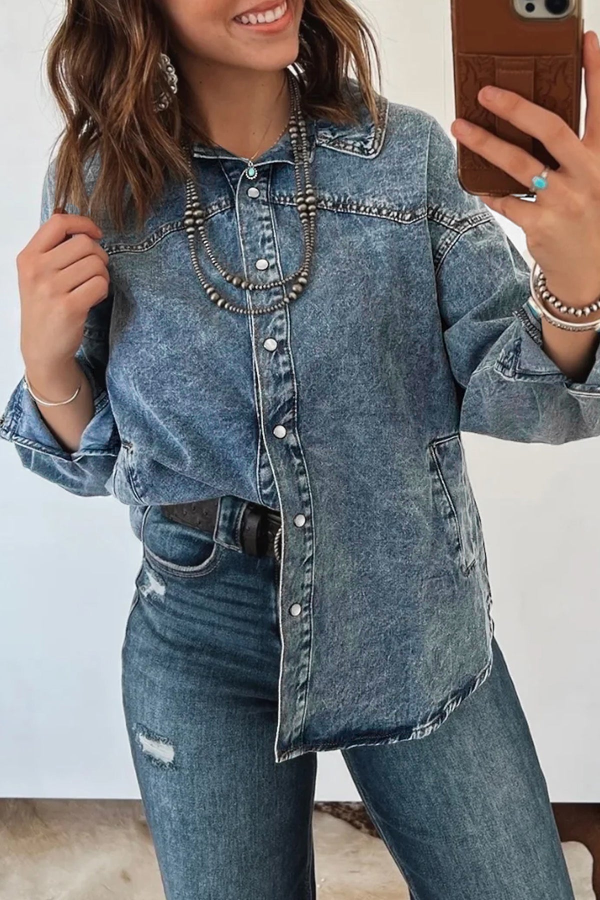 Dusk Blue Western Long Sleeve Shirt Collar Tunic Denim Jacket Main image