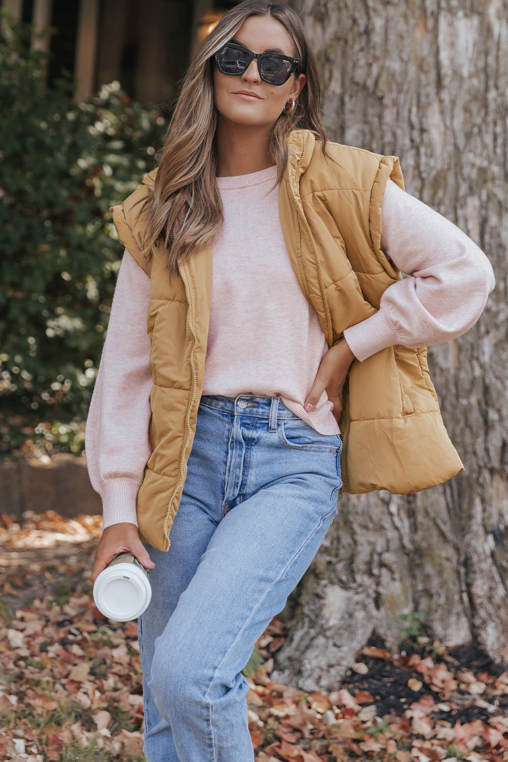 Khaki Oversized Stand Collar Zip Winter Vest Main image