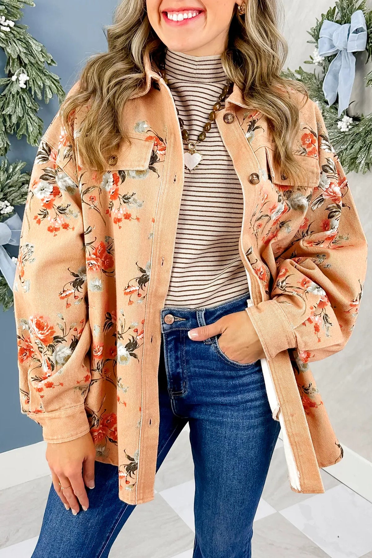 Khaki Floral Print Long Sleeve Shift 100% Cotton Denim Jacket Main image