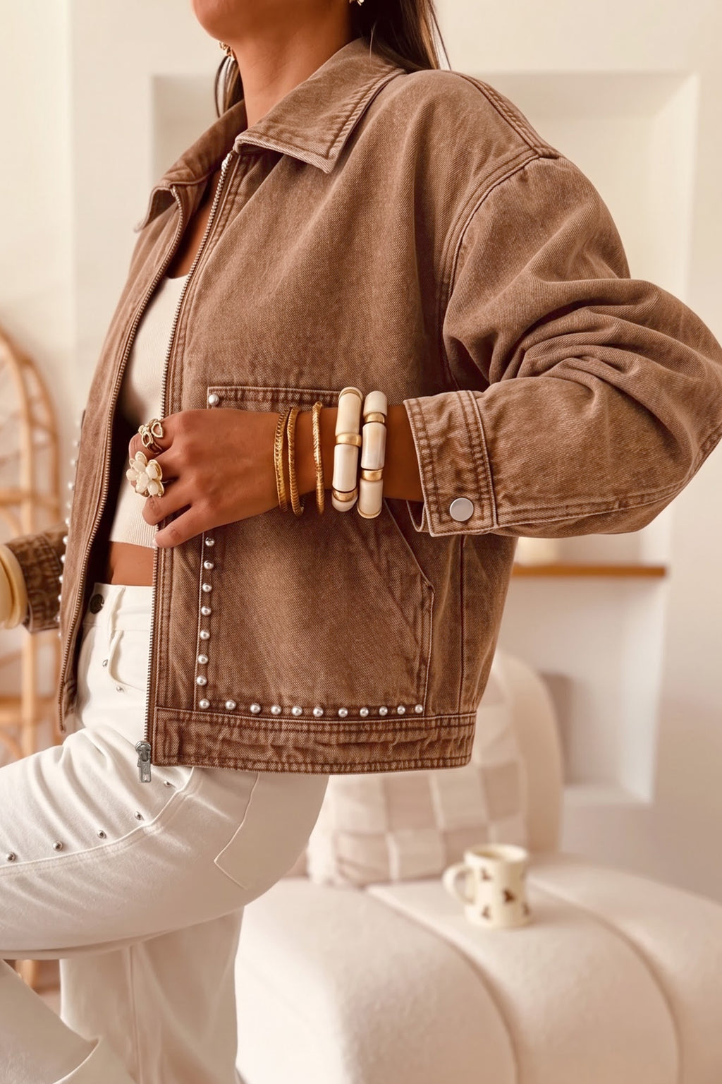 Beau Blue Studded Metal Zipper Rivet Pockets Long Sleeve Denim Jacket