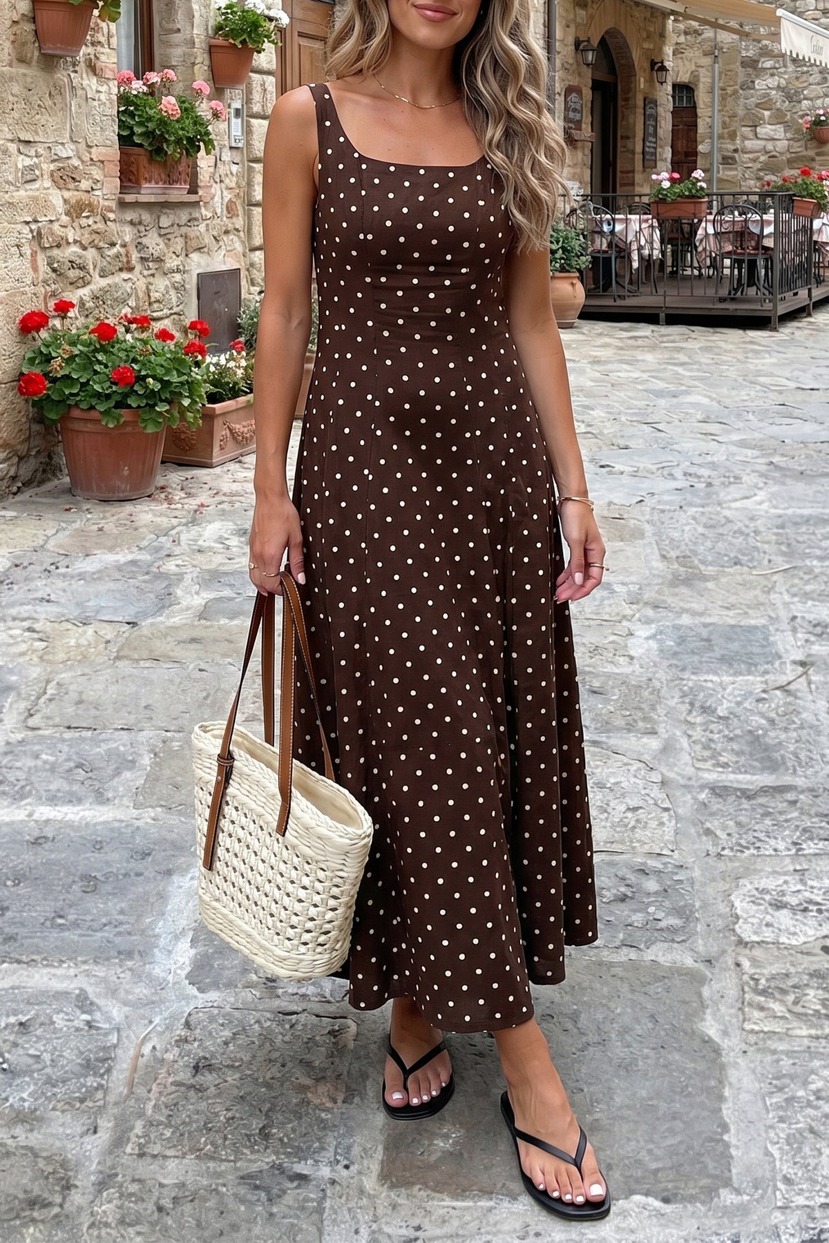Brown Polka Dot Print Square Neck Sleeveless Vacation Long Dress Main image