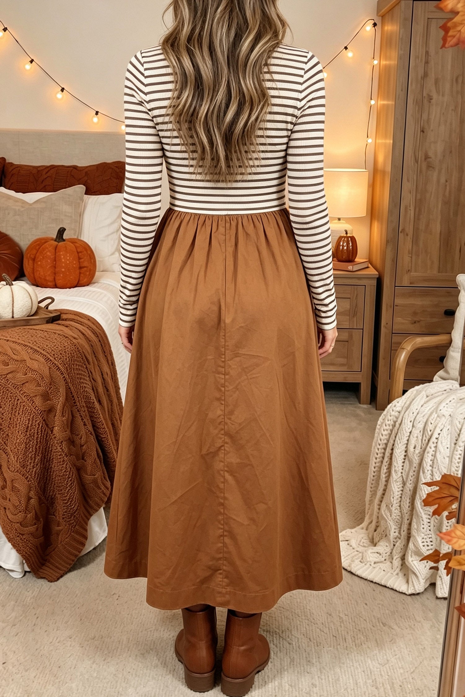 Brown Stripe Ribbed Knit Long Sleeve Bodice Contrast Patchwork Flared Dress Secondary image