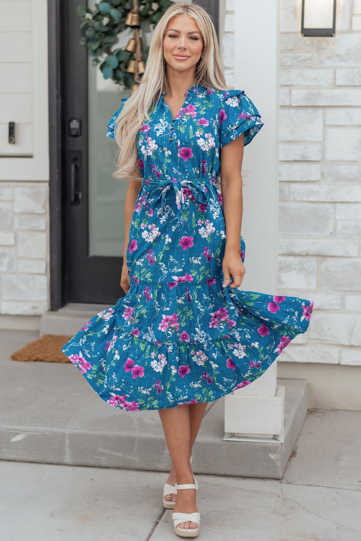Blue 100% Cotton Floral Flutter Sleeve Button Tie Split Neck Belted Long Dress