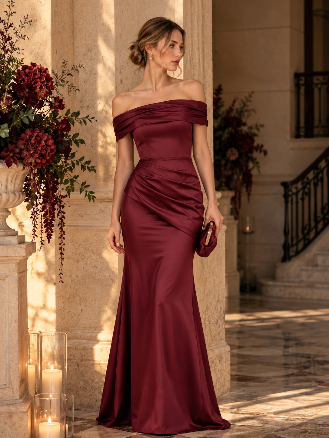 Wholesale Burgundy Off Shoulder Mermaid Evening Gown Secondary image