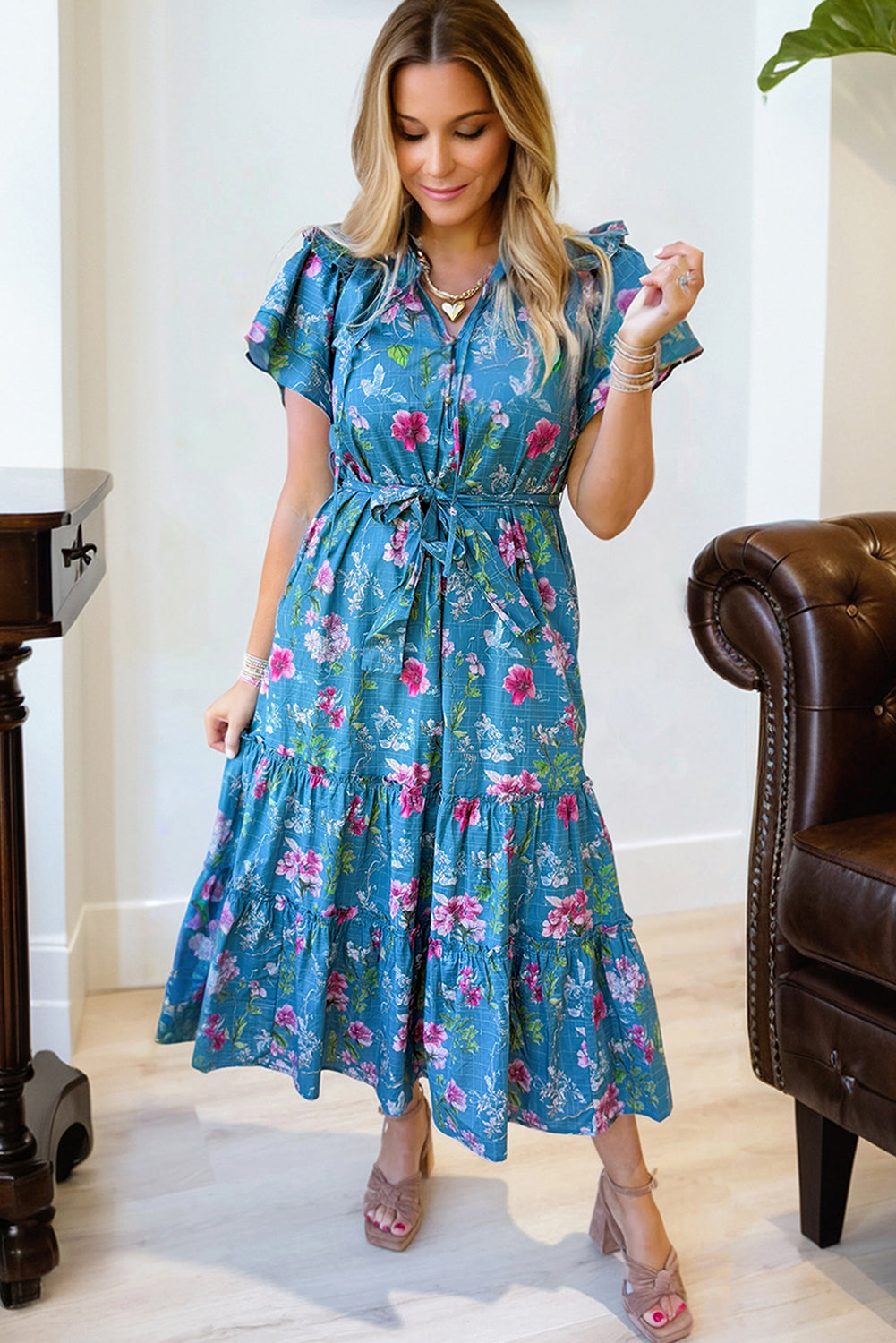 Blue 100% Cotton Floral Flutter Sleeve Button Tie Split Neck Belted Long Dress