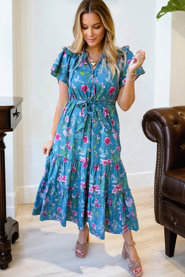 Blue 100% Cotton Floral Flutter Sleeve Button Tie Split Neck Belted Long Dress