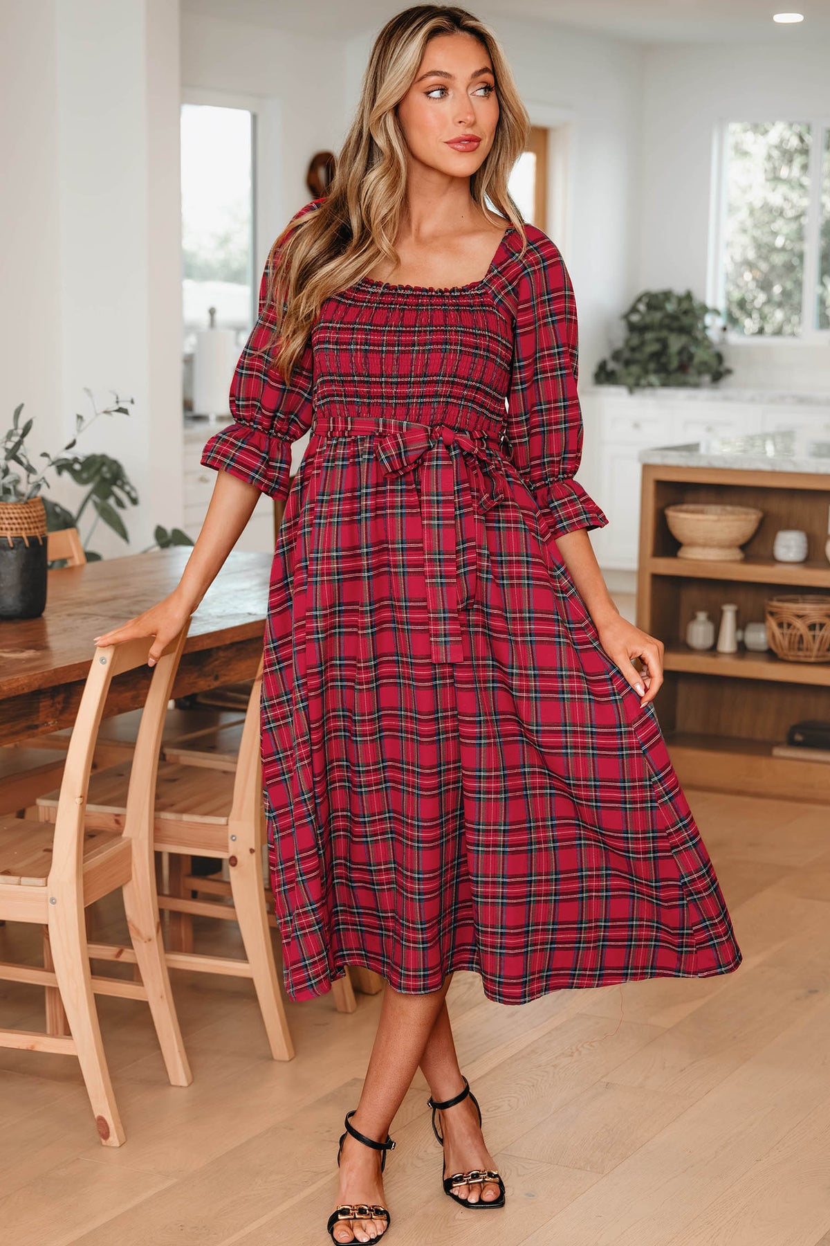 Red Tartan Plaid Square Neck Puff Sleeve Knot Waist Flared Midi Dress Main image