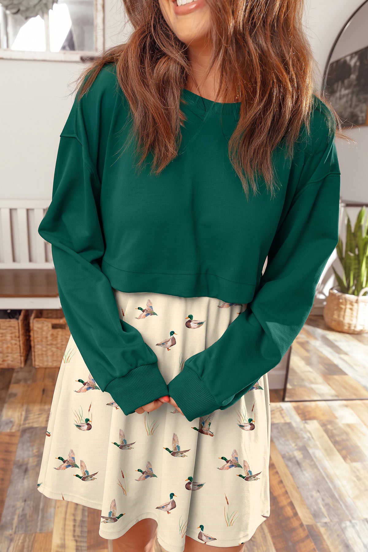 Orange Solid Long Sleeve Patchwork Floral Flared 2-in-1 Mini Dress