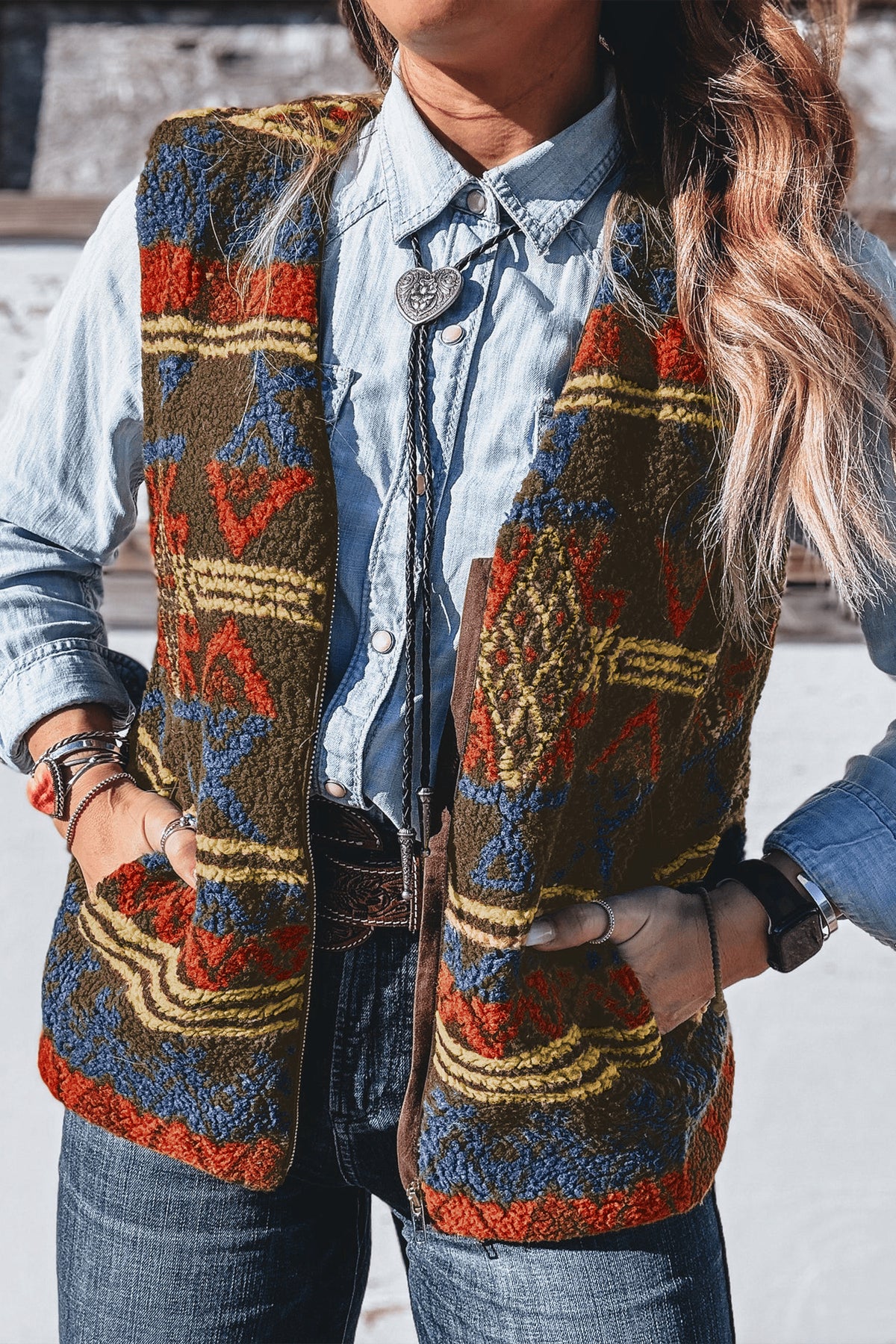 Multicolour Western Print Faux Fur Metal Zipper Insert Pockets Sleeveless Vest Main image