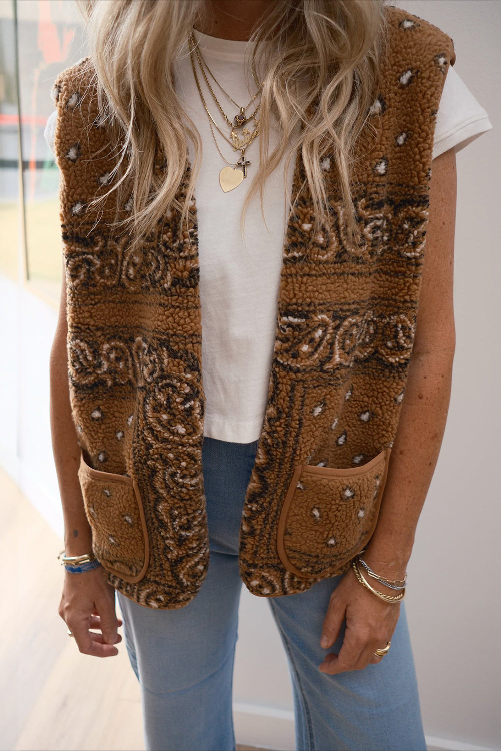 Brown Sherpa Paisley Print Pocketed Western Fashion Vest Jacket Main image