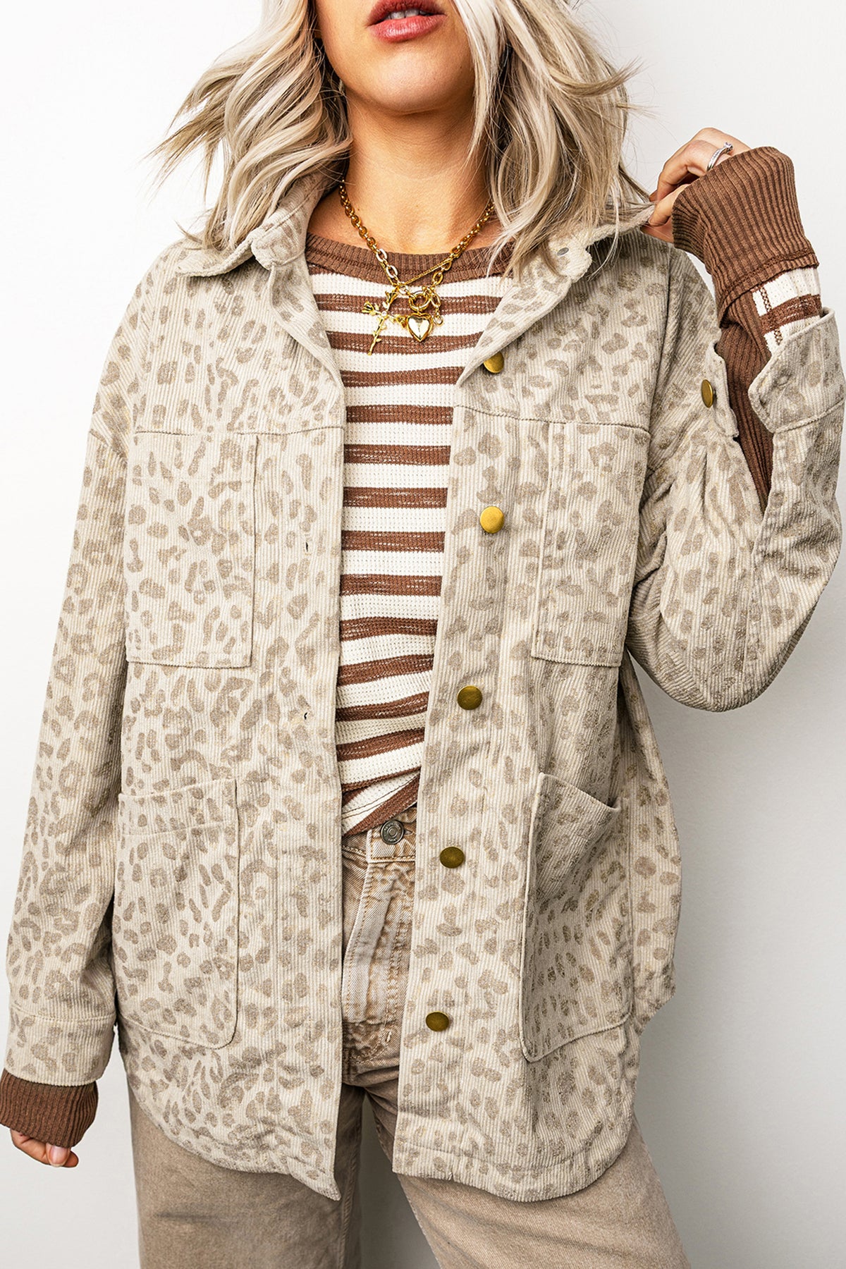 Khaki Leopard Print Corduroy Shirt Collar Long Sleeve Regular Fit Jacket Main image