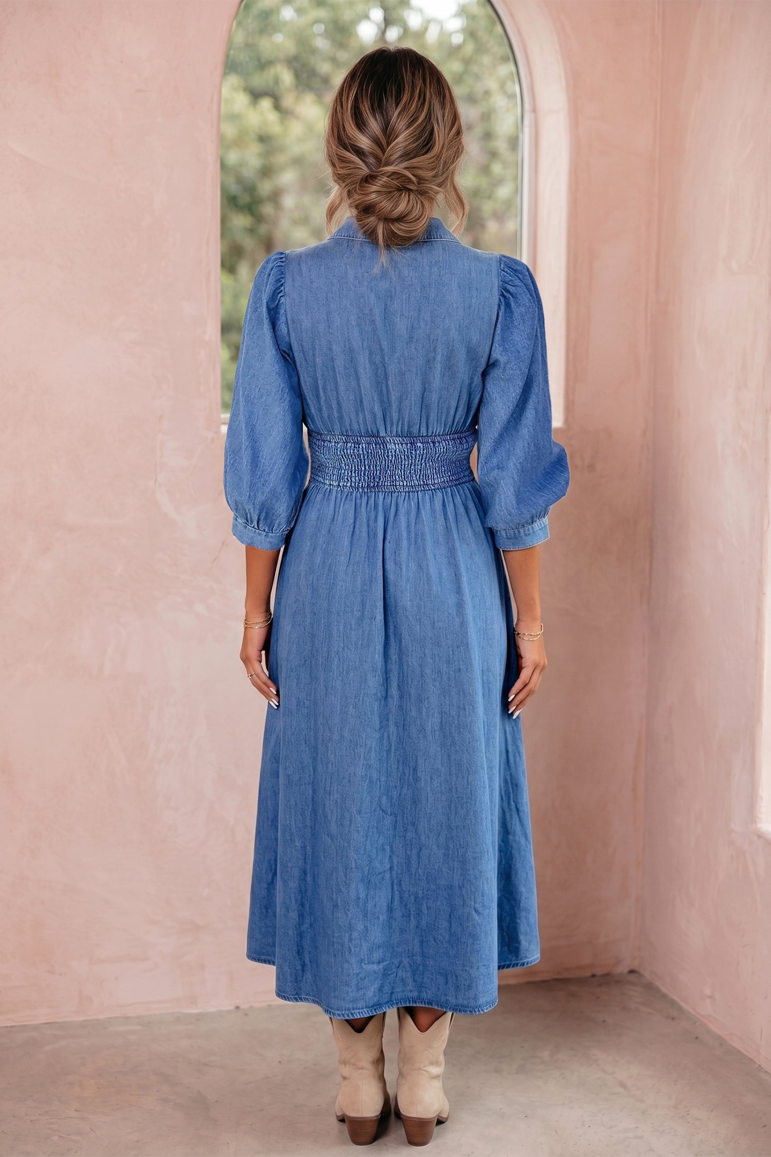 Blue 100% Cotton V Neck Shirred Waist Metal Zipper Denim Midi Dress Secondary image