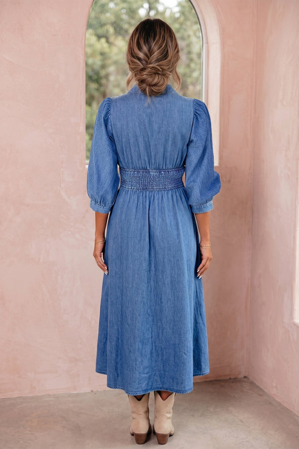 Blue 100% Cotton V Neck Shirred Waist Metal Zipper Denim Midi Dress