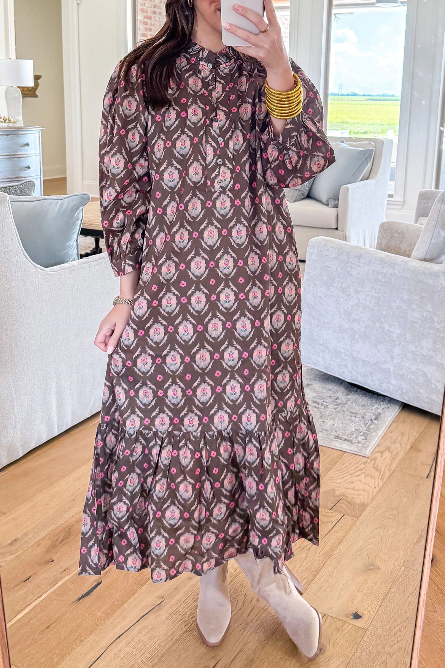 Brown Floral Print Button Front Ruffle Hem Midi Dress Secondary image