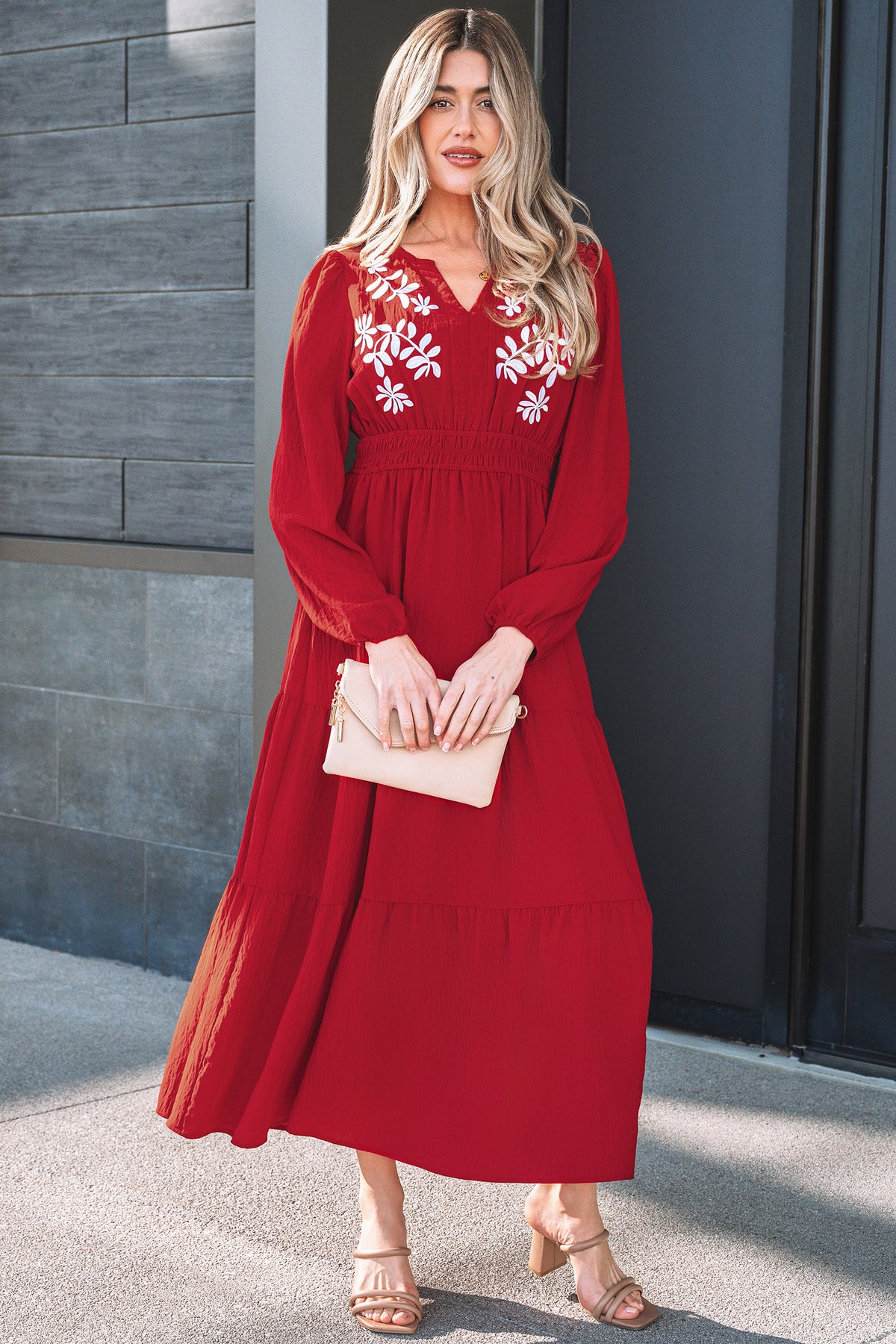 Racing Red Contrast Embroidered Detail Cinched Waist Tiered Long Sleeve Maxi Dress